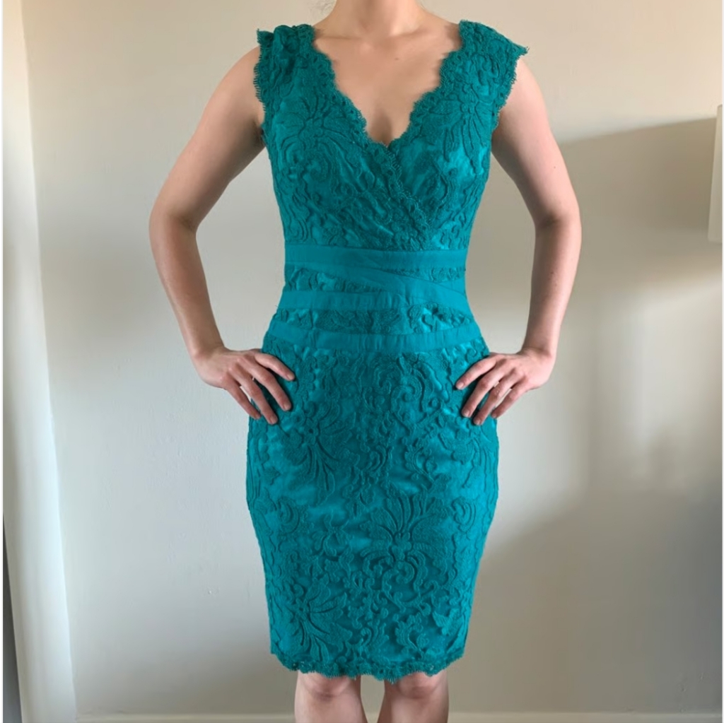 Tadashi Shoji Teal Scalloped V-Neck Lace High-Low Sheath
